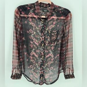 ABS Allen Schwartz Sheer Floral Long Sleeve Button Up Blouse